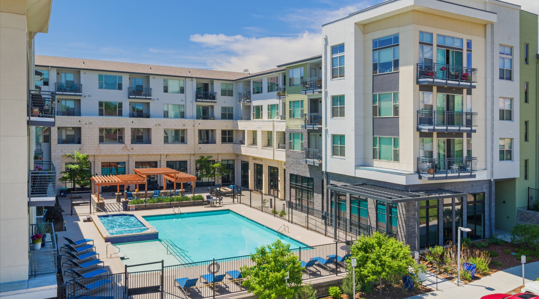 The pool area at Solana Lakewood 55 and over apartments in Lakewood