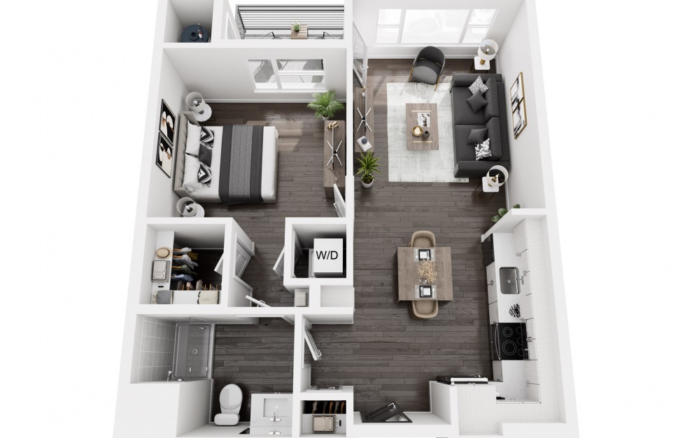 A1 - 1 bedroom floorplan layout with 1 bath and 798 square feet. (3D)
