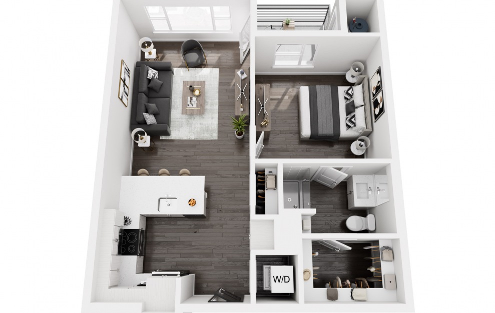 A2 - 1 bedroom floorplan layout with 1 bath and 798 square feet. (3D)