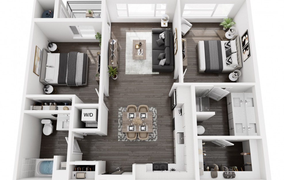 B1 - 2 bedroom floorplan layout with 2 baths and 1093 square feet. (3D)