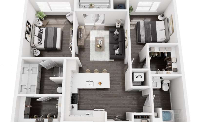 B2B - 2 bedroom floorplan layout with 2 bathrooms and 1106 square feet