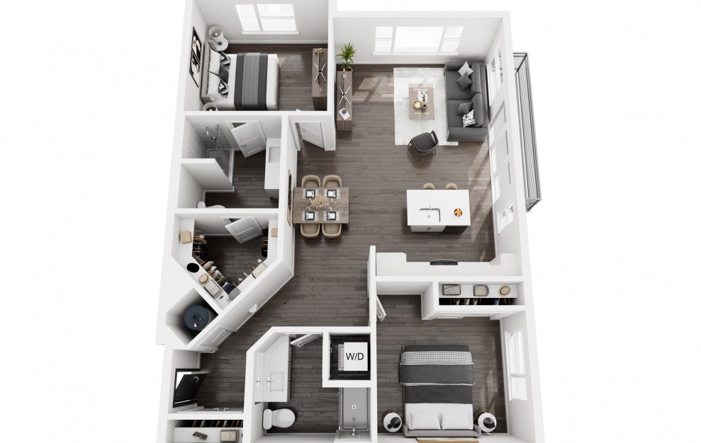 B3 - 2 bedroom floorplan layout with 2 baths and 1234 square feet. (3D)