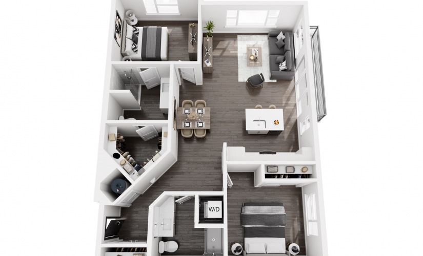 B3 - 2 bedroom floorplan layout with 2 bathrooms and 1234 square feet